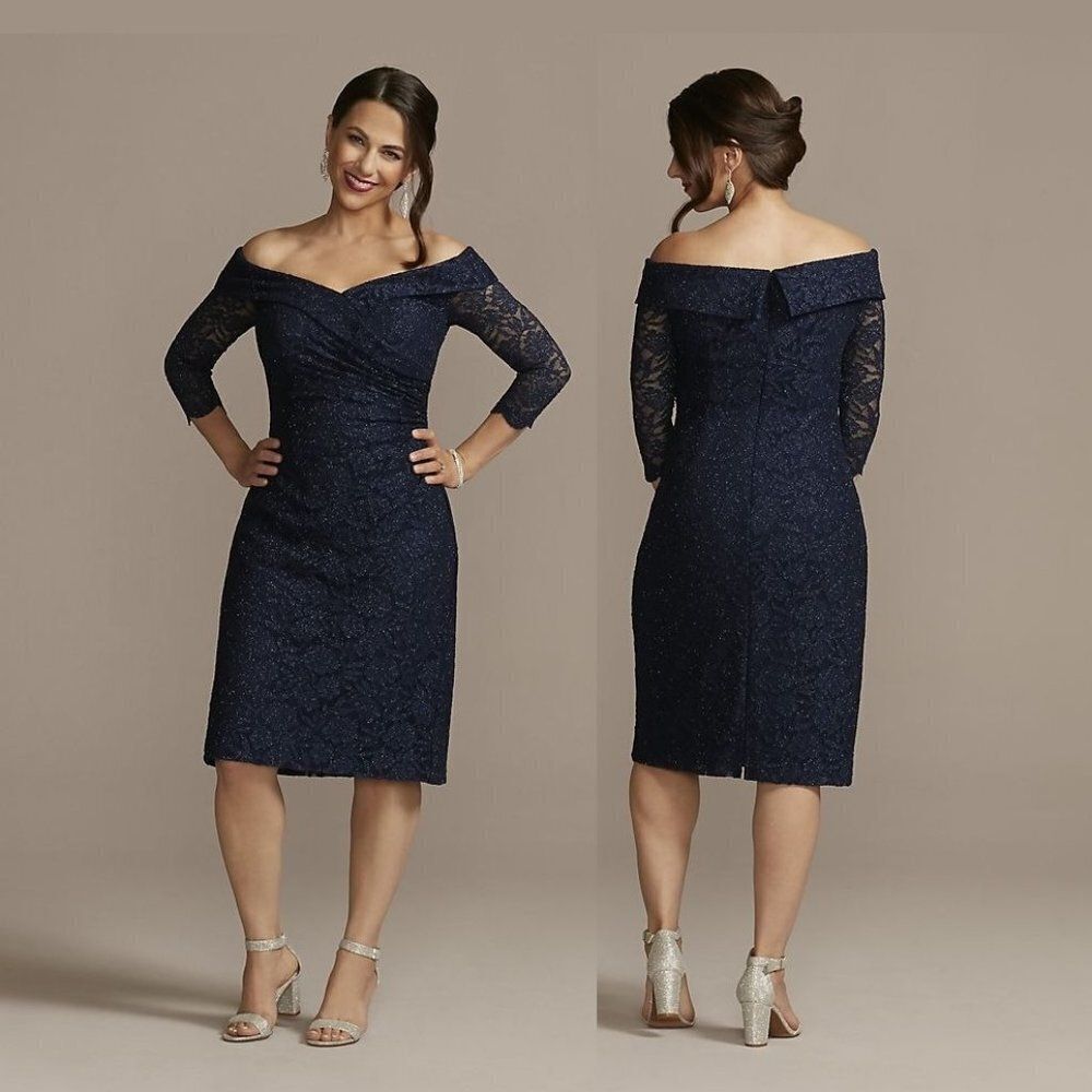 Oleg Cassini Off Shoulder Lace Sparkle Shealth Midi Dress Formal Whimsy Blue